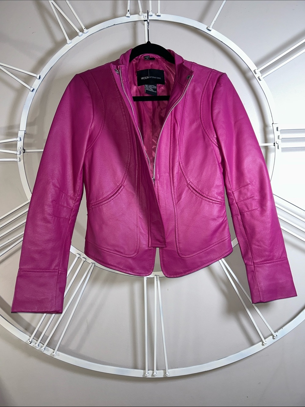 VTG Moda International Pink Leather Jacket Contoured Seams Fitted Y2K Barbiecore